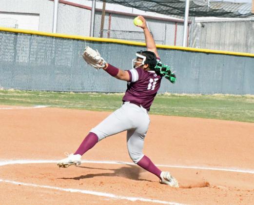 Littlefield’s Amaya McCanick pitched 5.1 innings for the Lady Cats, giving up three hits and one walk, while earning six strikeouts in their 14-6, victory over the Roosevelt Lady Eagles on the road on Monday afternoon. (Staff Photo by Derek Lopez)