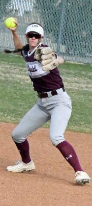 Littlefield shortstop, Bryndle Ray, fields a ground ball and throws it to first for an out, during the Lady Cats’, 14-6, victory over the Roosevelt Eagles on Monday. (Staff Photo by Derek Lopez)