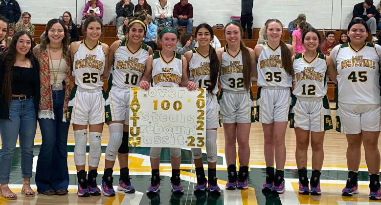 MILESTONE - Springlake-Earth junior guard, Taytum Goodman, and the Lady Wolverines closed out the regular season on Tuesday with a win over Lazbuddie. After the game, Goodman was honored for surpassing the milestone of finishing the regular season with over 100 steals, 100 rebounds and 100 assists for the 2022-2023 basketball season. She totaled 130 rebounds, 111 assists and 108 steals on the year. Shown she is joined by her teammates, after defeating Lazbuddie at Wolverine Gym, 50-37. (Submitted Photo)