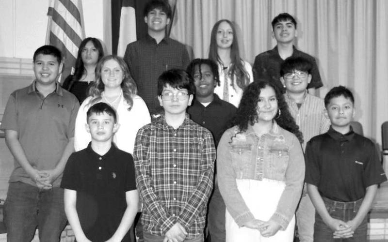 Twelve new members were inducted into the Littlefield Junior Honor Society at Littlefield Junior High School. Shown on the front row, from left to right are, Waverly Aduddell, Casey Brown, Leah Camacho, and Felipe Esquibel. On the second row are, Camden Melendez, Harlow Patridge, Levi Weaver and Daniel Chairez. On the top row are, Ma’Kayla Chavez, Dominic Garcia, Leighton Thomas and C.J. Trevino. (Photo credit Pam Bownds)