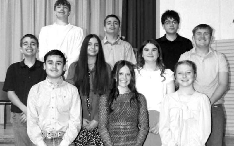 Current members of the Littlefield Junior Honor Society were recognized in the induction ceremony. They include: front row, left to right, Ian Mata, Bella Enloe, and Mylah Sanders. On the second row are, Kaden Winters, Kendall Vargas, Jayda Dewbre, and Dylan Adkins. On the top row are, Eli Wilson, Jaden Winters, and Diego Silveira. (Photo credit Pam Bownds)