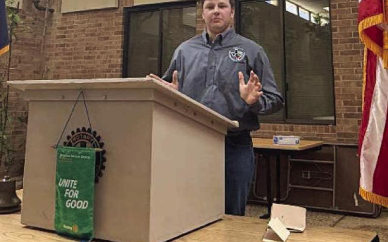 Certified State Student Ambassador for the 4-H Shooting Sports Program, Reese Moore, gives a presentation about the shooting sports program to the Littlefield Rotary Club on March 19, 2026. (Photo courtesy of Littlefield Rotary Club)
