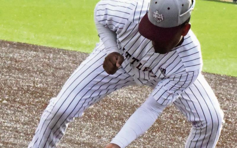 Littlefield’s CJ Weaver fields a ground ball at first base and tags the bag for an out, during the Wildcat’s, 5-3 loss to the Roosevelt Eagles on Monday at Wildcat Field. (Staff Photo by Derek Lopez)