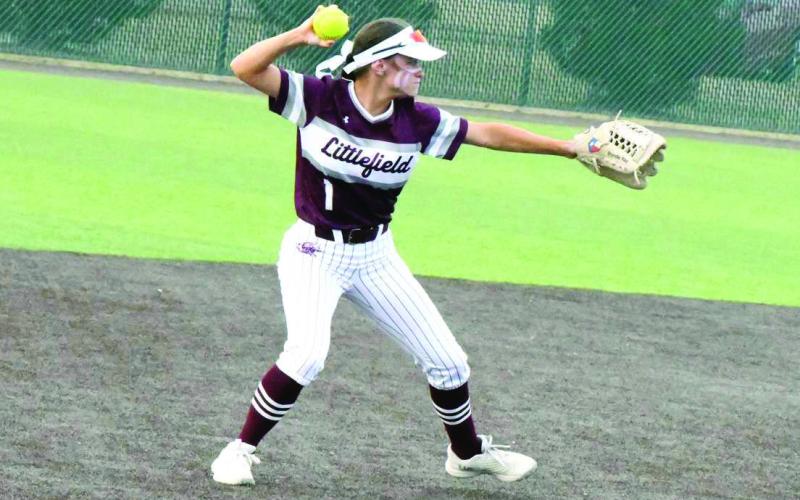 Littlefield shortstop, Bryndle Ray, fields a ground ball and throws it to first for the final out, as the Lady Cats’ blast Idalou, 21-1, on Tuesday in district play. (Staff Photo by Derek Lopez)