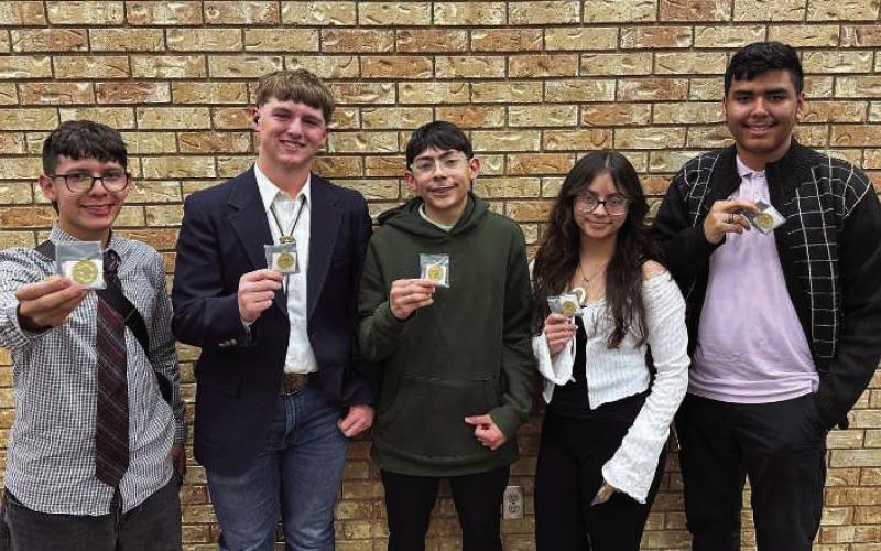 Brass Quintet - Caleb Caudillo, Kevin Cruz, Jayton Parchman, Aryanna Ramirez, Luke Trevino. These students competed at the UIL Region Solo and Ensemble Contest held at Abernathy on Feb. 27th. They qualified for the State Solo and Ensemble Contest. (Submitted Photo)