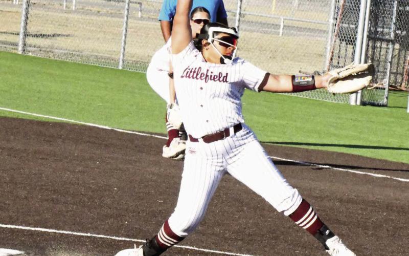 Littlefield sophomore, Amaya McCanick, pitched a no-hitter in three innings for the Lady Cats, giving up three walks, while earning eight strikeouts in their district-opening win over Dimmitt at Lady Cat Field on Tuesday. (Staff Photo by Derek Lopez)