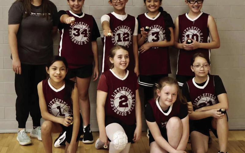 The Littlefield Lady Cats 5th and 6th Grade Girl’s team coached by Lindsey Winters won the Championship game on Sunday to cap off their season. (Shown): Coach Lindsey Winters, Bela Saenz, Mikenna Cristan, Emma Elizondo, Athena Torres, Katherine Martin, Braelynn Winters, Alana Shae and Lexie Acevedo. (Submitted Photo)